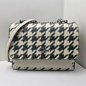 Coach Klare Crossbody Black Cream Houndstooth Print Silver Chain Leather Suede